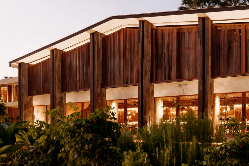 Alt text: Exterior of Syrco BAS&Egrave; Restaurant & Bar in Ubud with warm lighting and garden surroundings