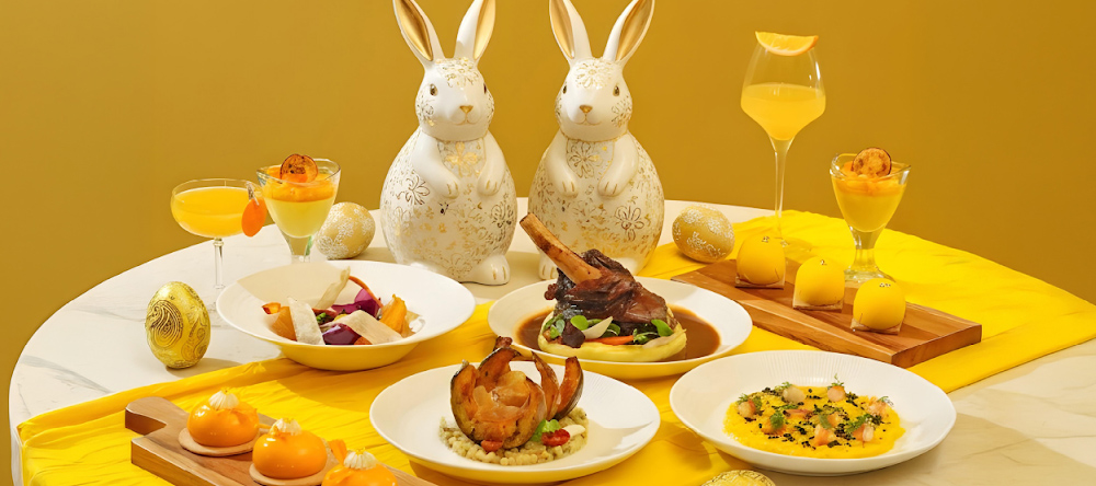 Italian Easter brunch dishes in yellow theme at Prego Bali featuring desserts, lamb, seafood and festive table setting