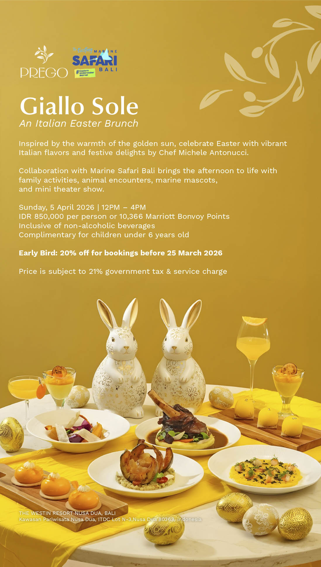 Giallo Sole Easter Brunch at Prego Bali with Italian dishes and family activities at The Westin Resort Nusa Dua Bali
